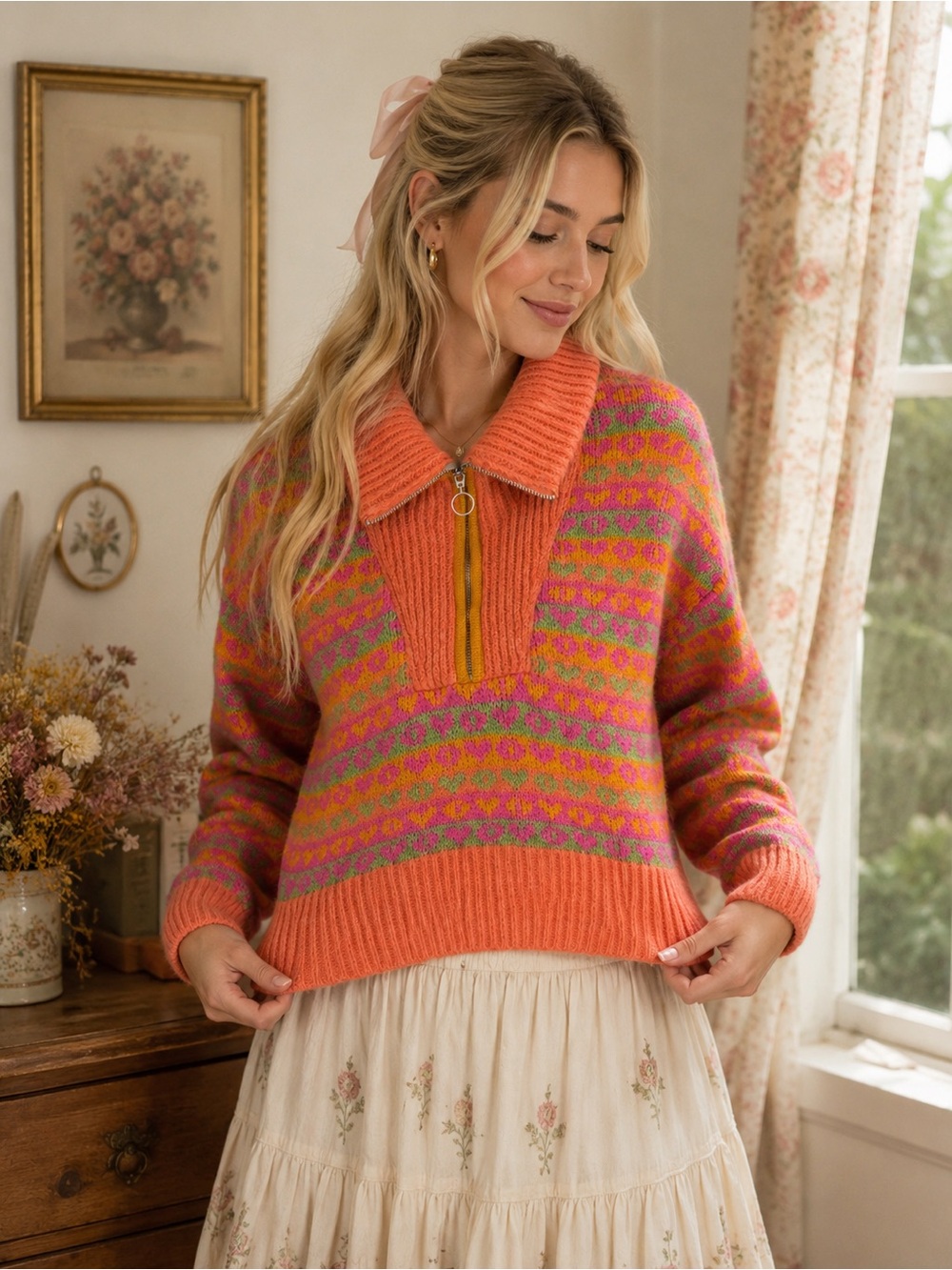Zara Fair Isle Heart Knit Half Zip Sweater Orange Pink Green Size M